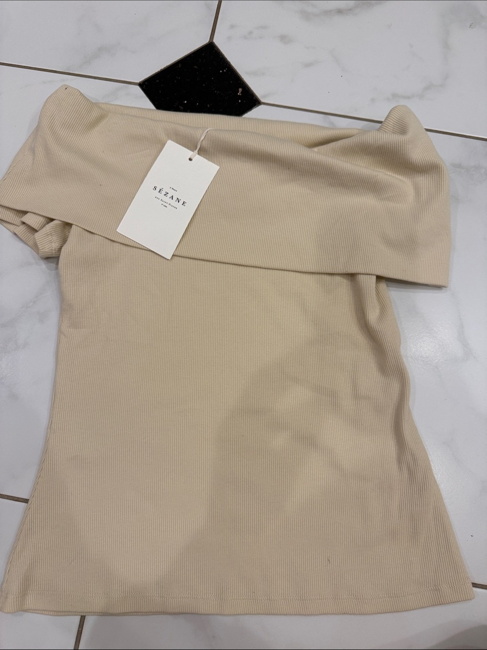 Sezane Fold-Over Off-the-Shoulder Ribbed Top in Beige